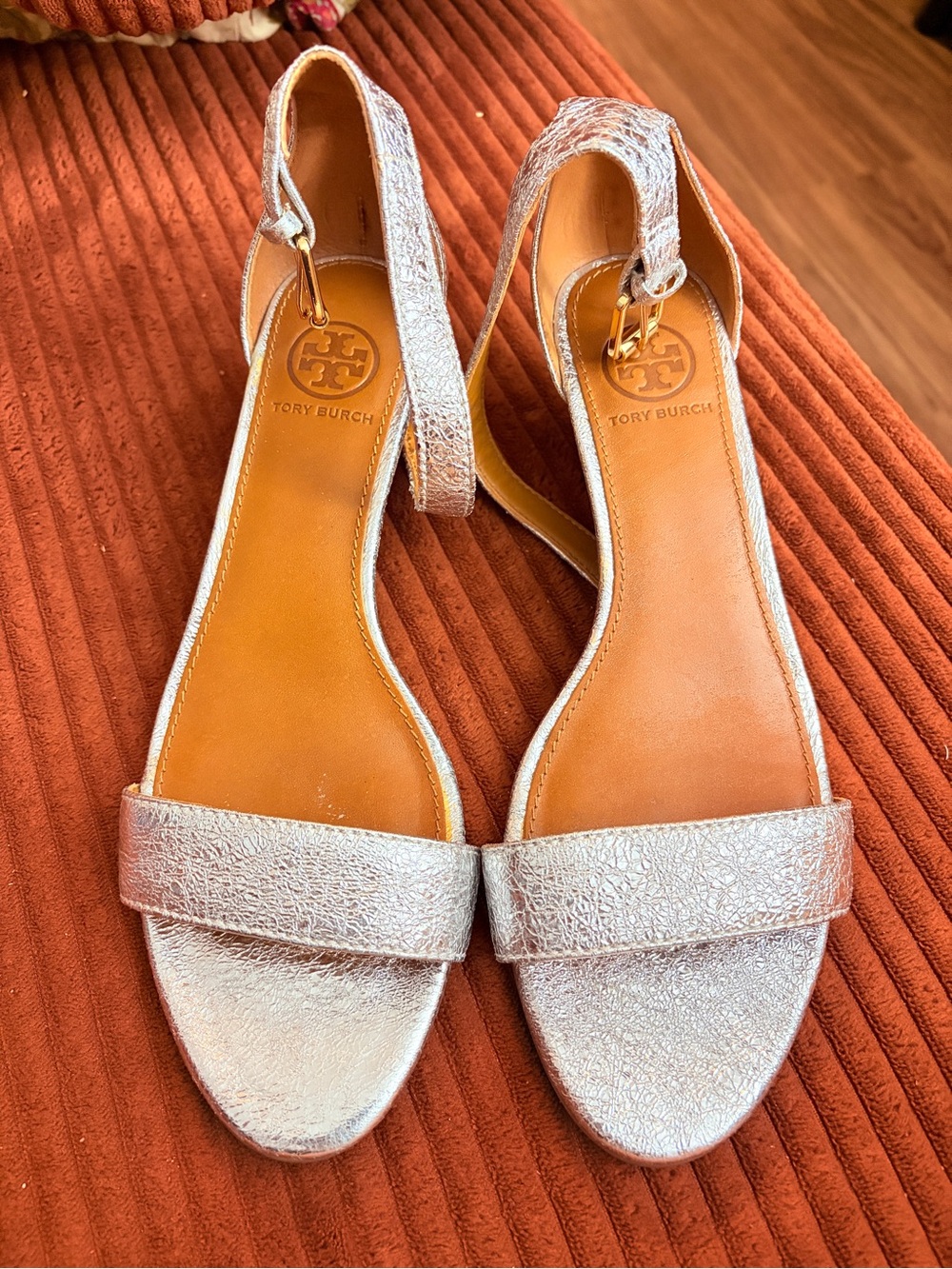 Tory Burch Metallic Silver Leather Open-Toe Slingback Sandals